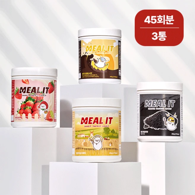 밀잇 식사대용 단백질 쉐이크 450gx3통 (45일분), 딸기 1통, 딸기 1통, 초코바나나 1통/전용 보틀 1개 - 쿠팡