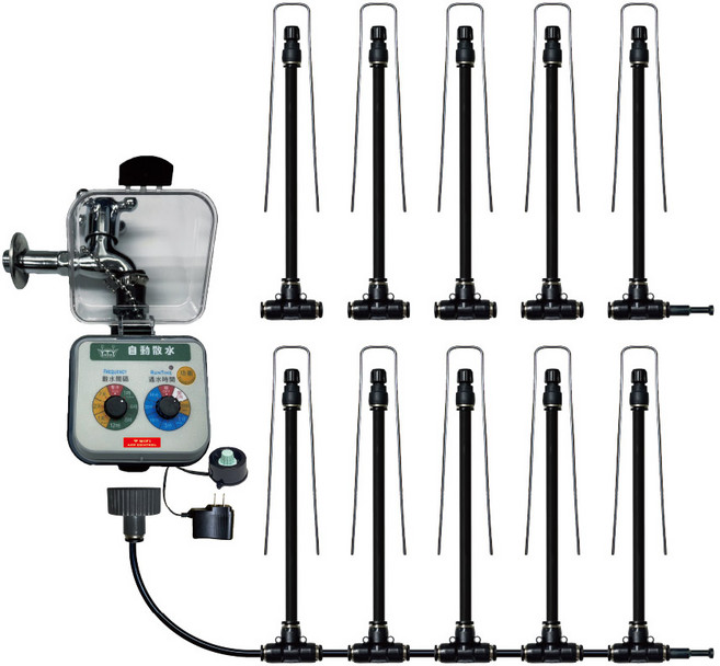 育材開心田園樂 萬向可調自動澆水噴霧套組 二分小黑管 快接 定時器多款可選 管線噴頭10支套裝組合 台灣製造 家庭園藝澆花用 霧狀噴頭 CC-1, WiFi+插電, 1套