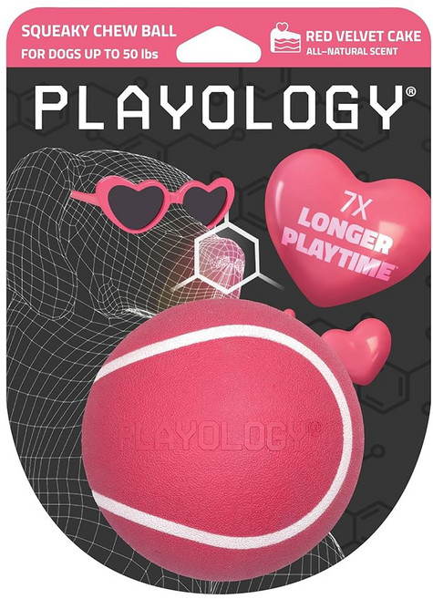 플레이올로지 개 놀이품 | 삐걱거리는 츄 볼 반려견을 위한 탱탱한 내구성의 구명용 페치볼 밸류 3팩 작은 레드벨벳 케이크 발렌타인 무독성 소재로 제작됨, Medium, Red Velvet Cake