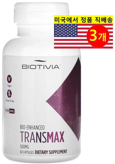 바이오티비아 Transmax 트랜스-레스베라트롤 98% 500mg 캡슐 60정, 3개 - 쿠팡