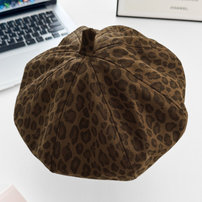 咖色豹紋毛呢畫家貝蕾帽 韓系大頭圍美式辣妹南瓜帽