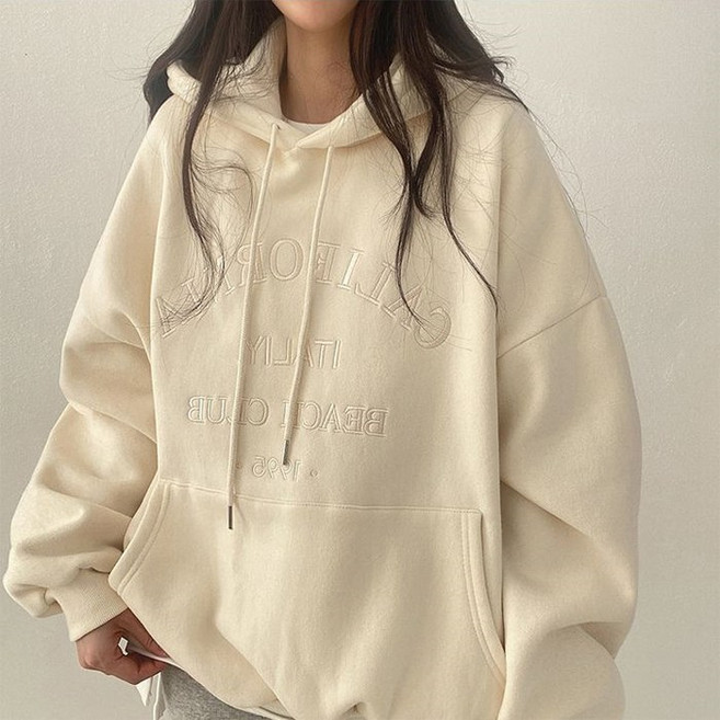 주디앤 여성 자가레 자수 도톰 오버핏 기모 후드티