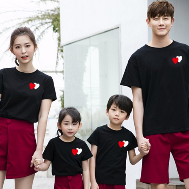 艾咪e舖 親子裝 情侶裝 潮T 班服 情侶t 純棉短t 文青系 雙疊愛心【Y0882-57】