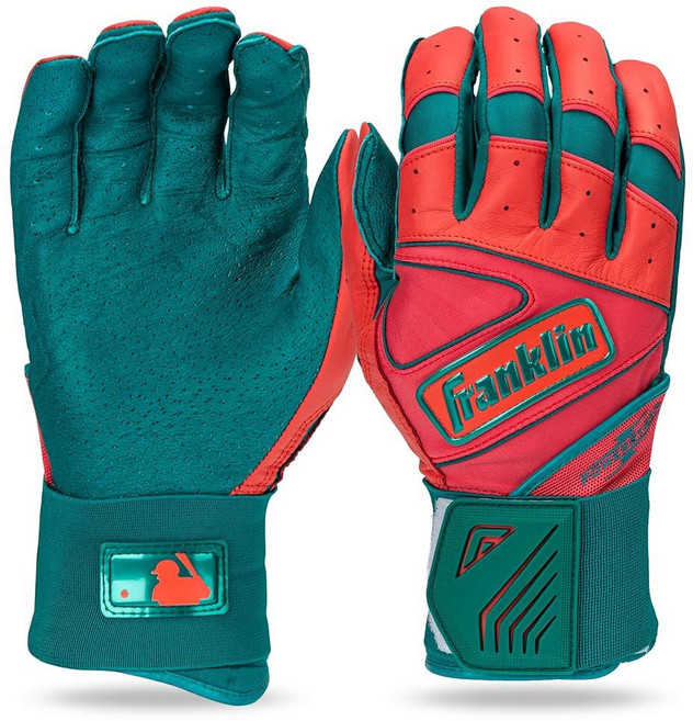 Franklin Sports MLB 배팅 장갑 - 인피니트 파워스트랩 야구 + 소프트볼 배팅 장갑 - 내구성 있는 풀 랩 케이지 연습 장비 - 롱 커프 손목 + 튼튼한 가죽 -, 청록색/산호색