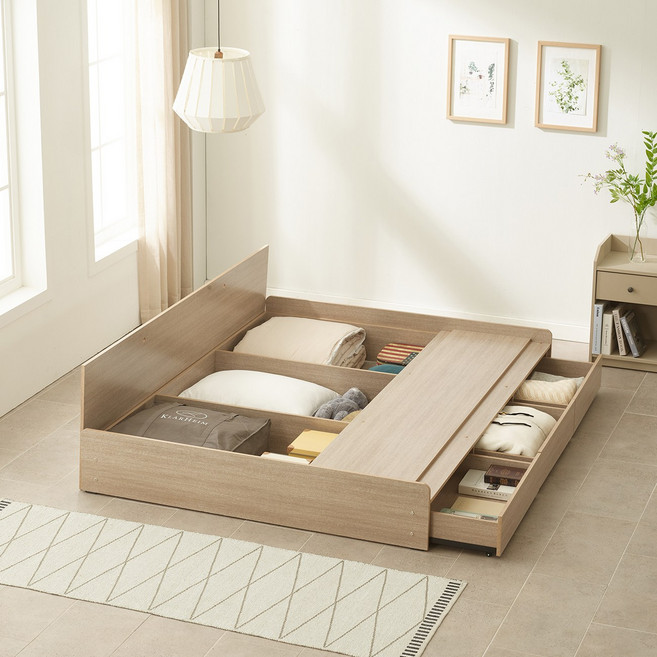 하포스 E0등급 3단 멀티서랍 침대 프레임 + LED헤드선택 지정일설치, 미니피스3단 (오크) 프레임만