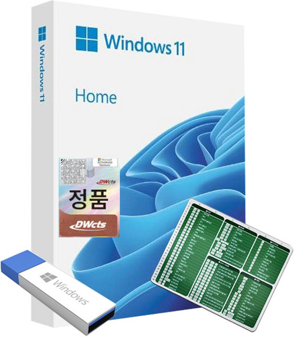 [한국정품인증점] MS 윈도우 11 Windows Home FPP 영구사용 USB설치 제품키 + 엑셀 단축키 마우스패드, MS Windows 11 Home FPP