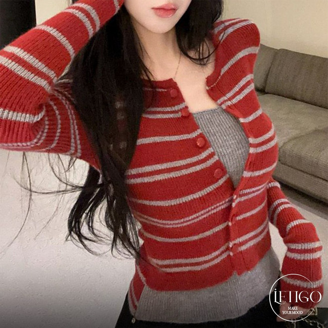 레티고 데일리무드 스트라이프 레이어드 라운드넥 니트