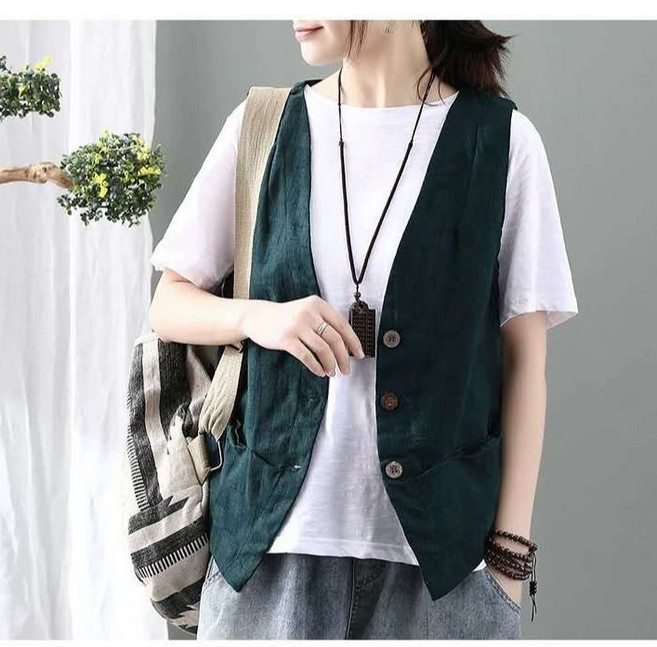 여성용 브이넥 캐주얼 면 린넨 베스트