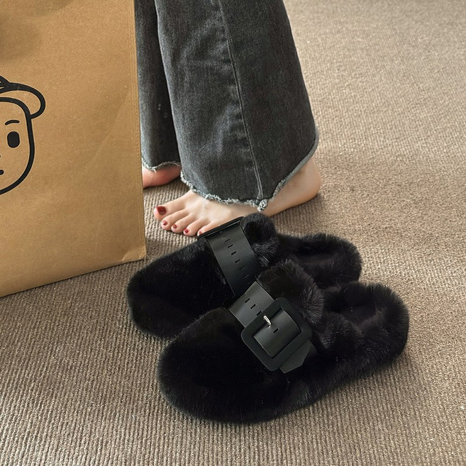 타임퓨어 여성 겨울 털슬리퍼 털신발 퍼 실내화 사무실 신발 따뜻한 두툼하고 포근한 발편한 미끄럼방지 발등 덮개 슬리퍼