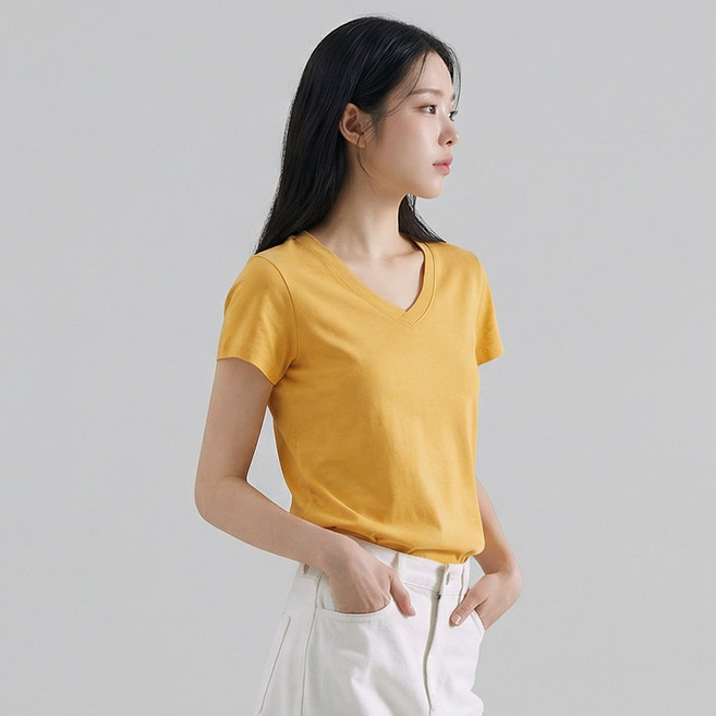 엠제이스타 여성 무지 시원한 심플 스판 브이넥 반팔 티셔츠 10color