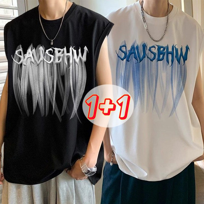 1+1 언발 레터링 남자티셔츠 시원한 민소매 반팔 롱티 여름 루즈핏 나시티
