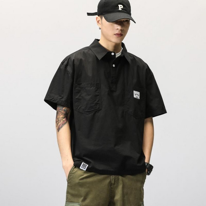 男款短袖POLO衫，大碼工裝口袋，涼感寬鬆襯衫