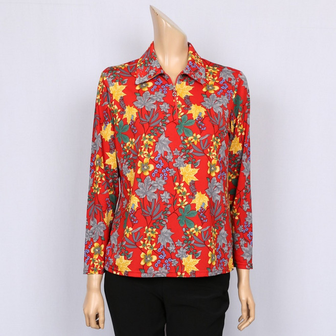 노브패리스 HCS3234단풍꽃 카라 티셔츠 66에서99 긴팔 봄 가을 꽃티 요양원티 할머니 엄마 옷선물 스판 외출복 여성의류