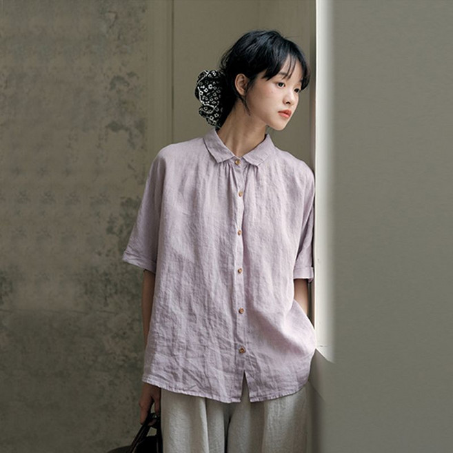 休閒純棉短袖襯衫，棉麻夏季新款，文藝復古寬鬆上衣