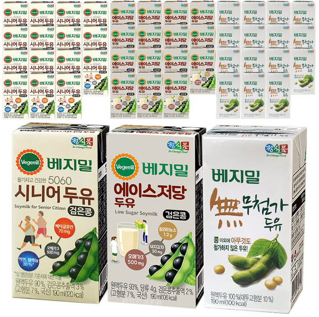 베지밀 시니어 + 에이스 저당 + 무첨가 3가지맛 두유, 48개, 190ml