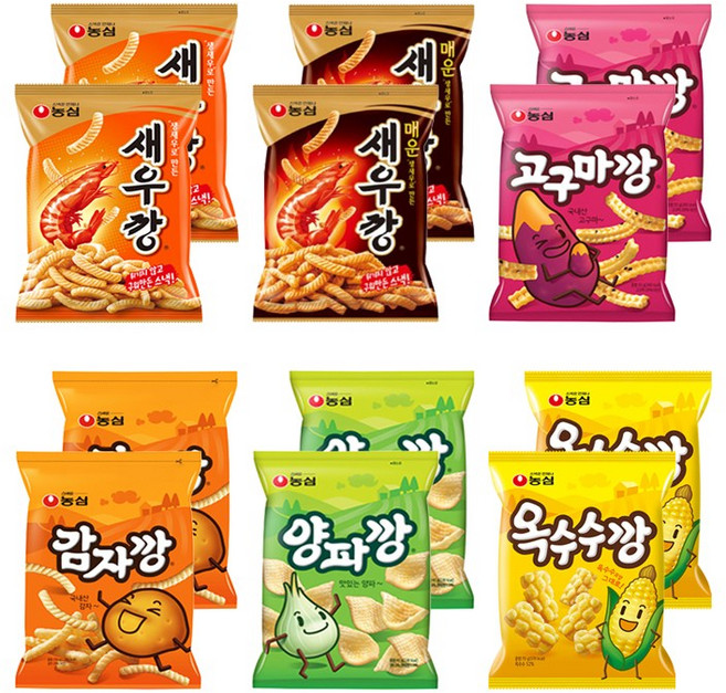 농심 봉지과자 6깡 ( 새우깡 90g+매운새우깡 90g+고구마깡 83g+감자깡 75g+양파깡 83g+옥수수깡 70g) 각 2개씩, 1세트, 982g