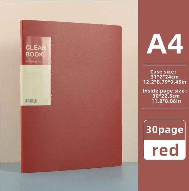 핫클래식 스타일 20/30/40/60 페이지 두꺼운 사이드 인 유형 디스플레이 북 방수 사양 테스트 용지 보관 폴, 05 30Pages-Red