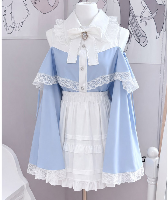 히메 하트 버튼 프릴 레이스 오프숄더 블라우스 4color 데이트 지뢰계 하라주쿠