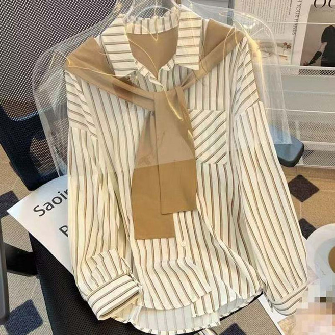 스트라이프 배색 셔츠 레이어드 리본 디자인 상의 부드러운 감령 루즈핏 슬림핏 긴팔 셔츠 한국계 달콤한 통근 레이어드 시크 셔츠