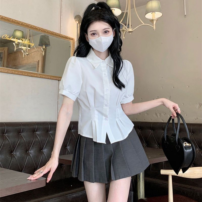 白色短袖泡泡袖襯衫女夏季新款設計感顯瘦收腰短款上衣