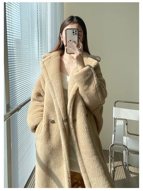 여성 2025 신컬러 롱 퍼코트 램스울 플록 입체짜임 두꺼운 보온 겨울 힙스터 데일리룩