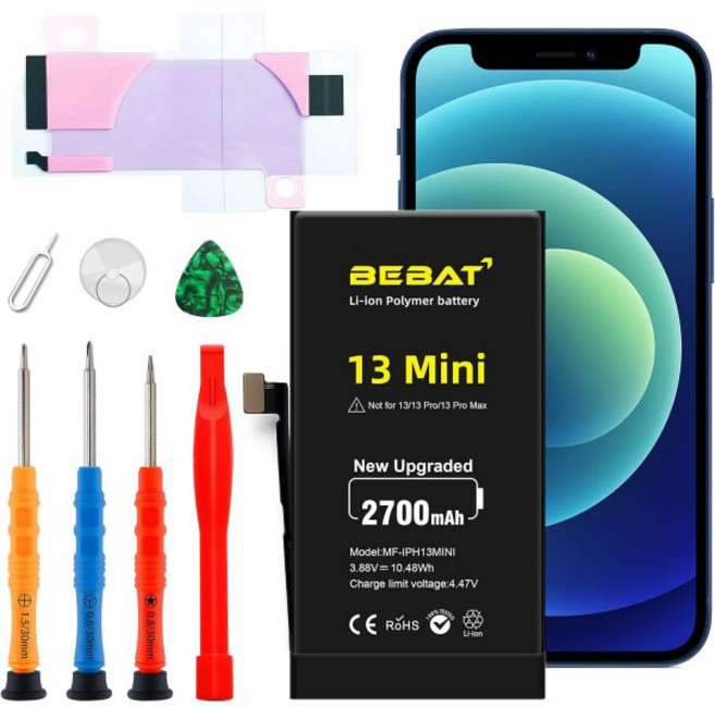 BEBAT아이폰 13 MINI 배터리 교체 2700mAh 대용량 Liion 폴리머 모델 A2628 A2481 A2626 A2629 전문 수리 도구 키트 포함, 1개