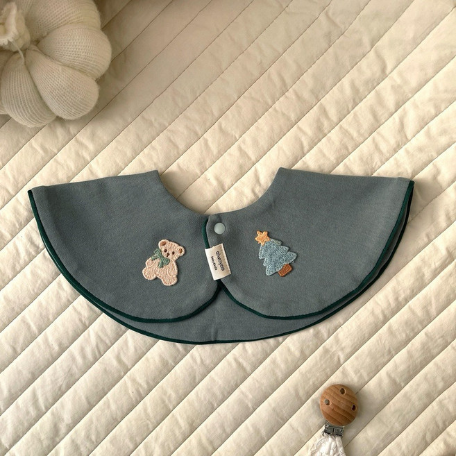 嬰兒加厚防吐奶口水巾 純色卡通刺繡撞色滾邊 I96013, 古墨綠, 1個