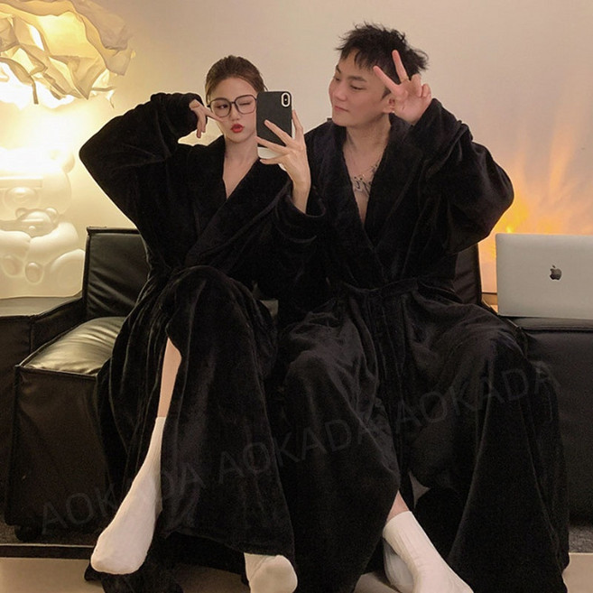 AOKADA 남녀공용 루즈핏 극세사 샤워가운 목욕가운 기모 보온 커플 로브