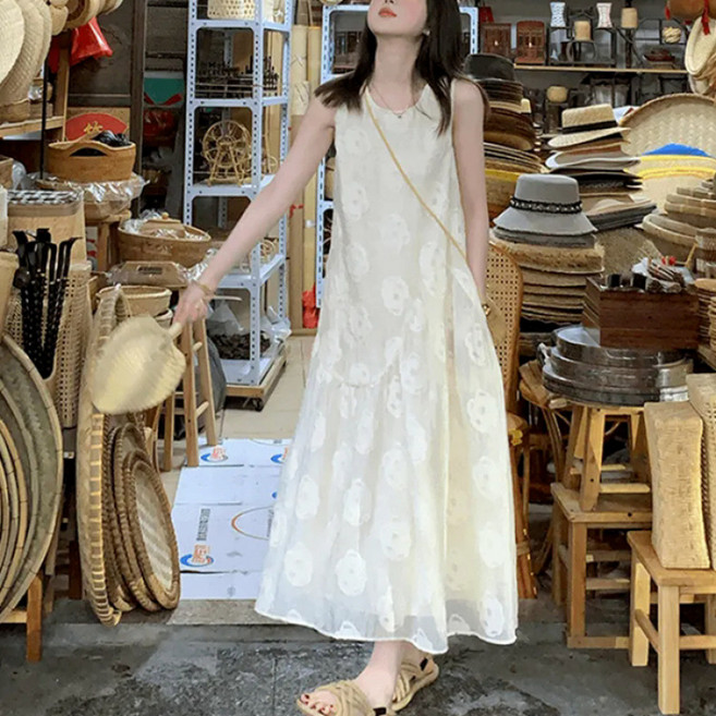 【法式小眾設計】連衣裙 背心裙 吊帶裙 連衣裙女 夏季連衣裙 純色連衣裙 無袖A字裙 杏色 度假約會穿搭, HYS925圖片色（內襯）