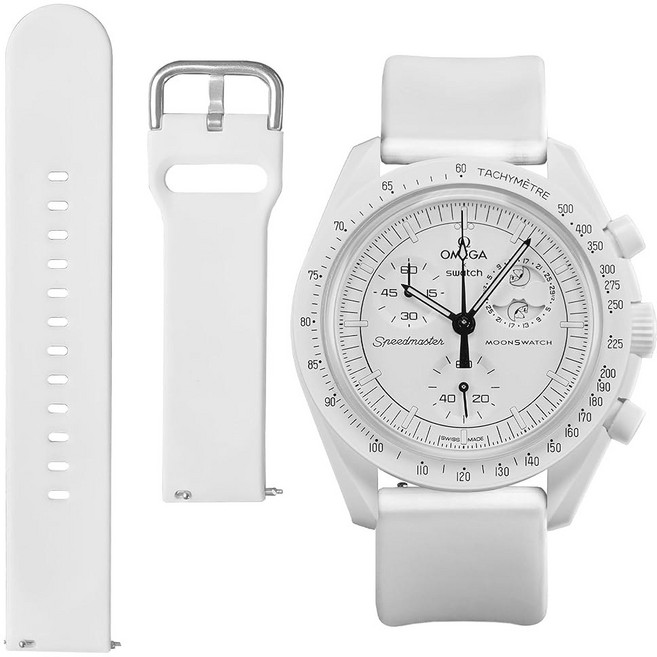 오메가 X 스와치 문스와치 시계 스트랩 스피드마스터 20MM 퀵 릴리즈 고무 시계 스트랩 교체용 시계 밴드 (브라운 그린 20MM), 화이트