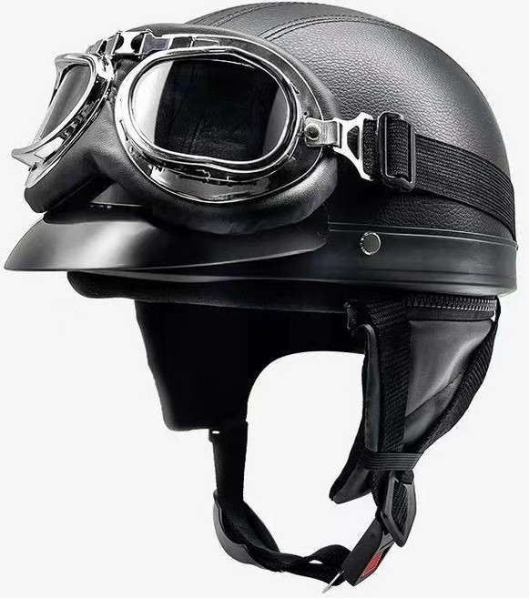 復古哈雷帽 皮革半盔 電動車頭盔 男女四季帽, 黑皮紋+透明皮風鏡