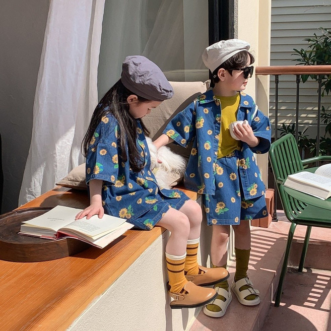 여아 남아 여름 남매룩 해바라기 오버핏 데님 청청세트 셋업
