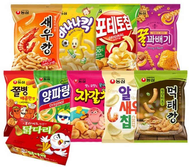농심 과자 10종 세트, 1개, 새우깡, 바나나킥, 포테이토칩, 꿀꽈배기,알사세라믹, 닭다리, 양파링