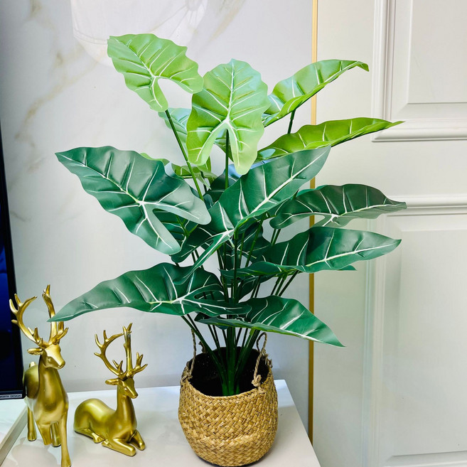 北歐風 模擬綠植盆栽 龜背竹 裝飾擺件, 70CM淺綠色洋芋 送配重底座 送北歐手工編織花籃 70釐米, 1件