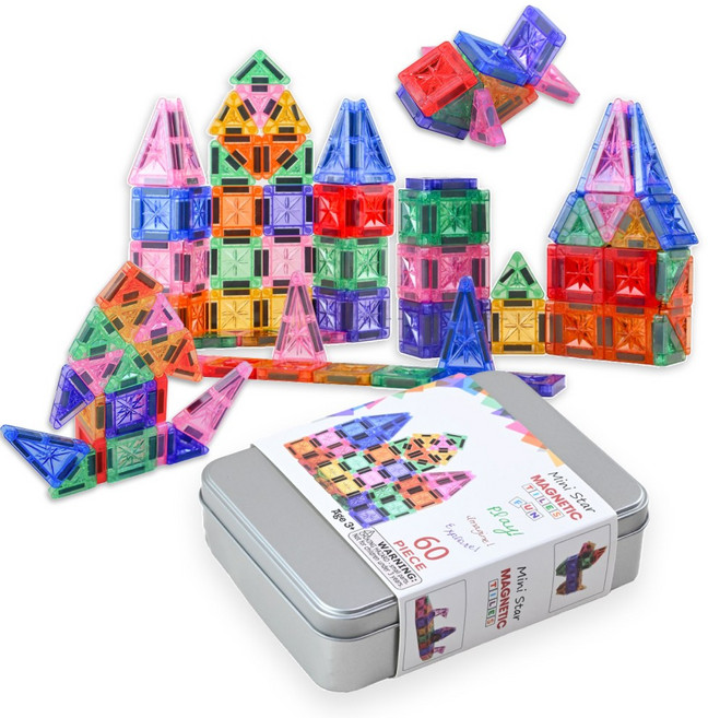 토이토 미니 맥타일즈 자석 블럭 46pcs 60pcs 마그네틱 블록 교구 놀이, 1세트, 비비드 투명 60pcs