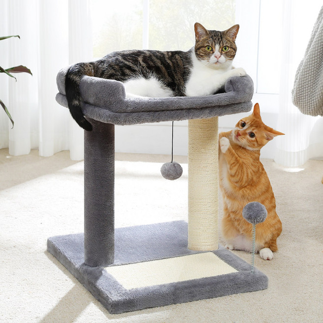 PAWZ Road 2단 소형 미니 패브릭 캣타워 사이잘 수직 스크래쳐 기둥+ 낮은 플랫폼+ 폼폼볼 장난감, 1개, 그레이