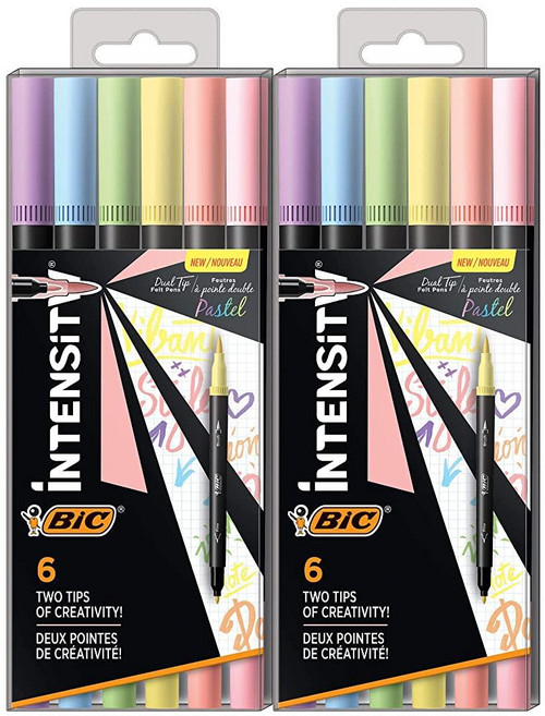 134168 BIC Intensity 투인원 듀얼 팁 파인라이너 펜 파인 팁(0.7mm) 및 유연한 브러시(3.7mm) 다양한 파스텔 색상 12개입 팩