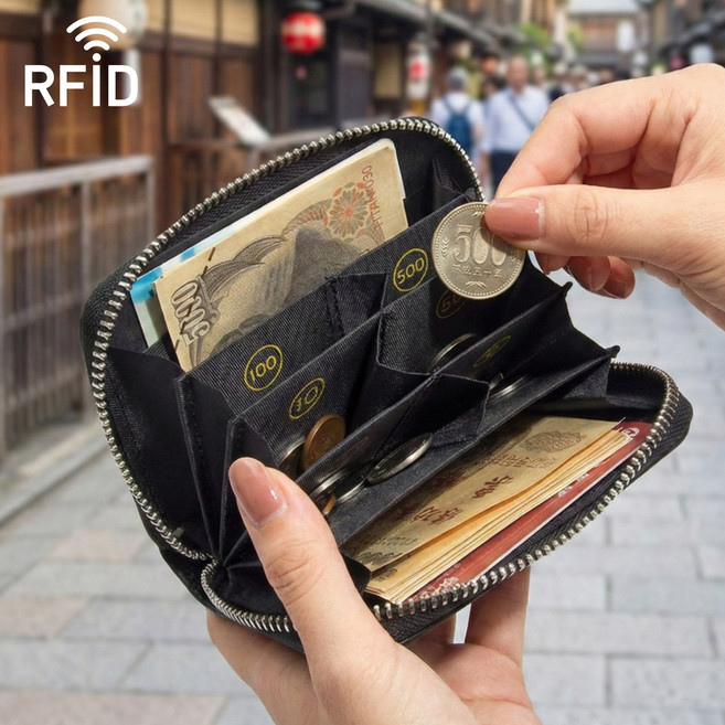 소가죽 일본지갑 동전 엔화 단위 각인 RFID차단 적용 여행용 대용량