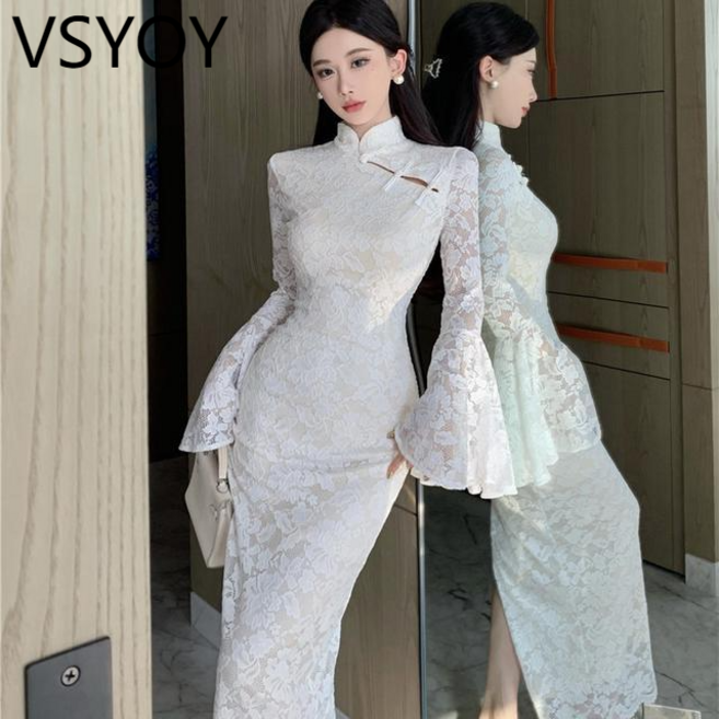 vsyoy 우아한 클래식 뷰티 우아한 레이스 화이트 하이 엔드 수정 청삼 원피스 트럼펫 슬리브 슬림 핏 엉덩이 원피스