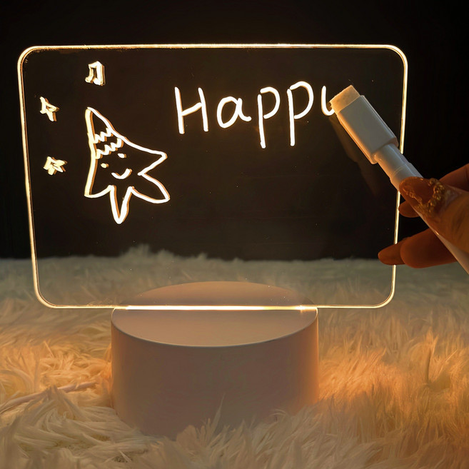 diy禮物小夜燈可擦留言記事板跨境檯燈擺件手寫熒光板白板led燈, 橫版+手寫板:16色黑底觸摸+電池倉帶遙控器(帶馬克筆+彩盒+USB線)