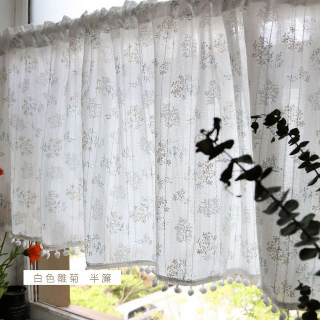 小清新雛菊碎花半簾：免打孔遮光裝飾短簾 適用於廚房、臥室、客廳、門簾、隔斷簾, 白色雛菊(不含桿), 白色