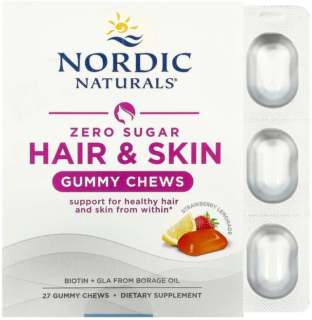 Nordic Naturals 무설탕 모발 & 피부 구미 츄 딸기 레모네이드 구미 츄 27개 NOR-01666, Nordic Naturals, 무설탕 모발 & 피부 구 - 쿠팡
