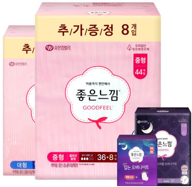 좋은느낌 생리대 중형 36+8매/소형/대형/수퍼롱/오버/팬티라이너/순수한면/일반/롱/슬림/울트라, 1개, 8매입
