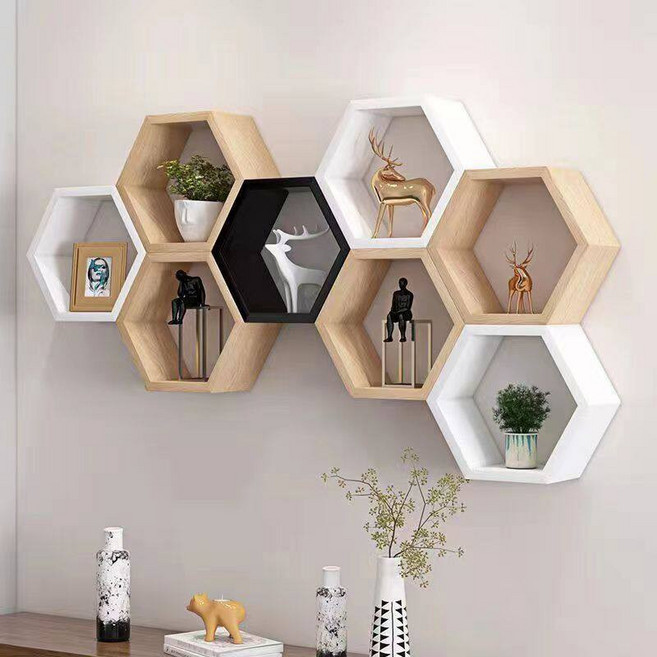 선반 육각형 나무 격자 벽걸이 장식 거실, 1단, 블랙 호두나무 무도장