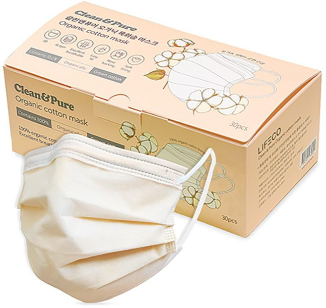 클린앤퓨어 오가닉 목화솜 마스크 대형, 30개입, 1개, 덴탈 베이지_대형