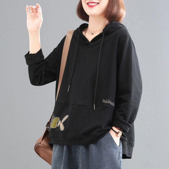 Makone 여성 후드티 루즈핏 풀오버 자수 프린트 캐주얼 긴팔 맨투맨