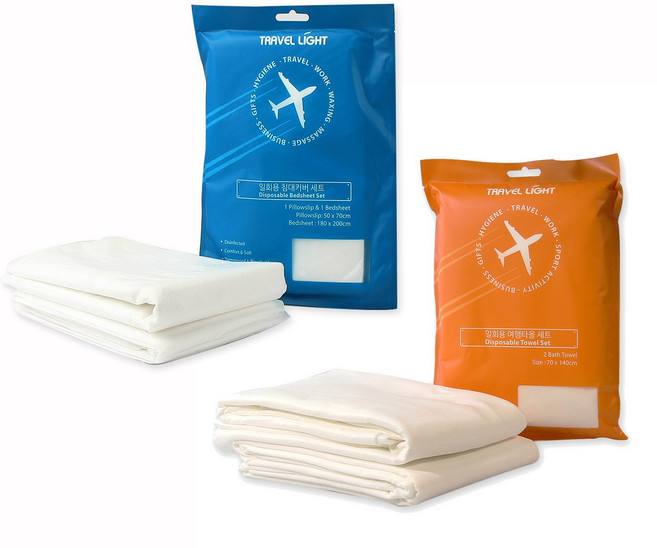 일회용 침대커버 & 순면타올 세트. 일회용 침대커버 베개커버 샤워수건 비치타올 캠핑용품 차박용품 침구세트, 화이트