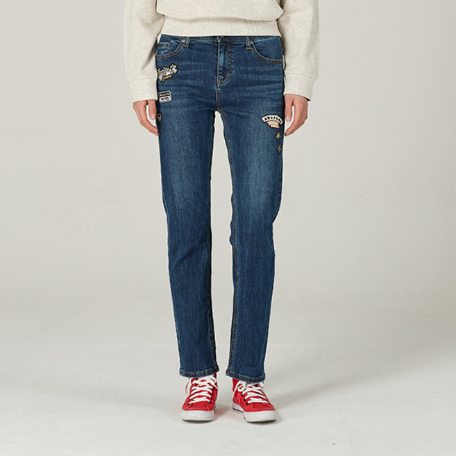 [잠뱅이] 여성 오비안밴드 포켓 와펜 캣 시와워싱 스트레이트 데님 팬츠 미디엄블루