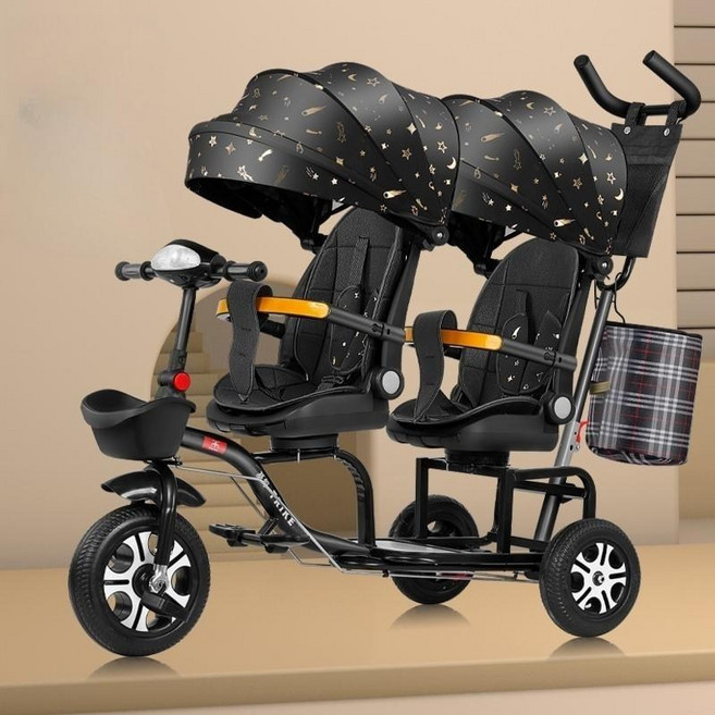 유아세발자전거 유모차자전거 2인용 쌍둥이 세발, 블랙, 1개