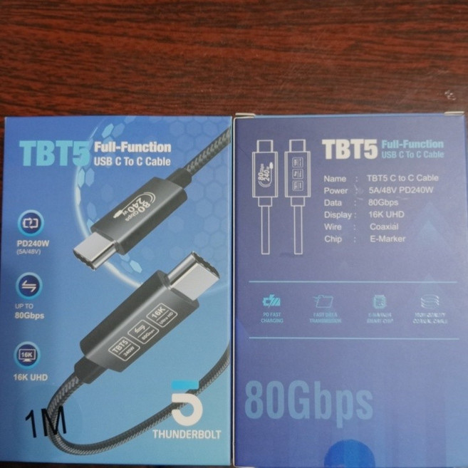 E-maek智能芯片兼容雷電4 全功能數據線 同軸數據線, 1個, 雷電5【1.0米黑網】240W/16K, 1.0米